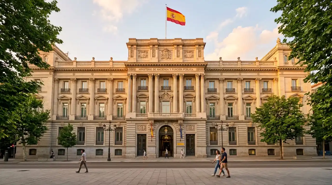 Vista panorámica de una ciudad española con edificios institucionales al atardecer