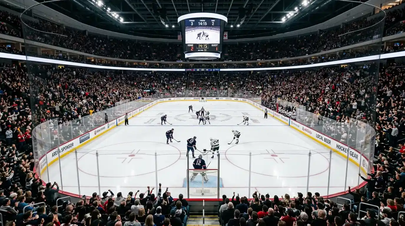 Pista de hockey sobre hielo llena de espectadores durante un partido de la NHL